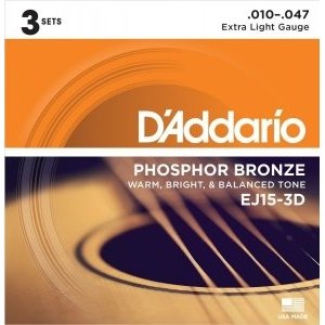 Струны для акустической гитары D&#39;ADDARIO EJ15-3D Extra Light 10-47 3 комплекта 
